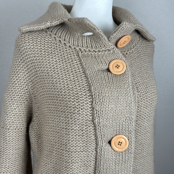 System Chunky Beige Oatmeal High-Neck Wool-Blend Button-Up Cardigan sz M - Picture 3 of 12